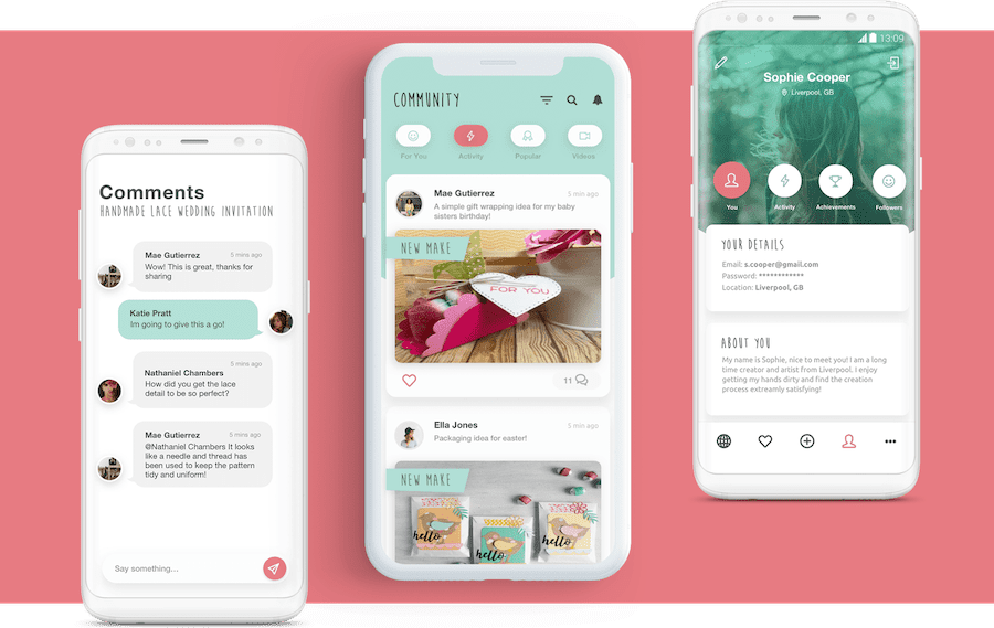 Sizzix app case study image showing comments, community feed and profile page